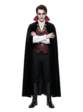 Man in Vampire Costume with Velvet Cape and Brocade Vest on Transparent Background