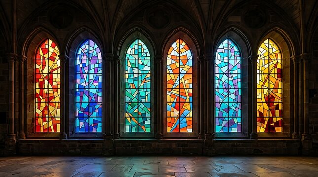 Colorful stained glass windows adorn gothic church interior, casting vibrant light and patterns on stone floor, perfect for sacred spaces and historical architectural design concepts.