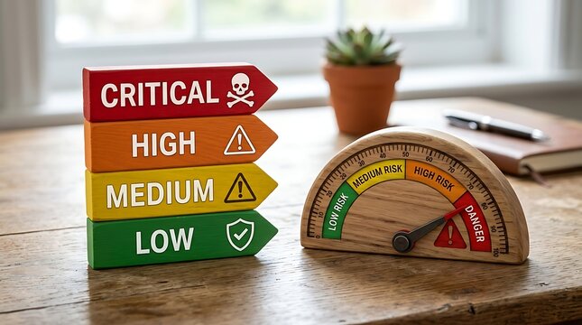 Risk assessment chart with colored blocks and gauge meter indicating critical risk level for business safety management and security.