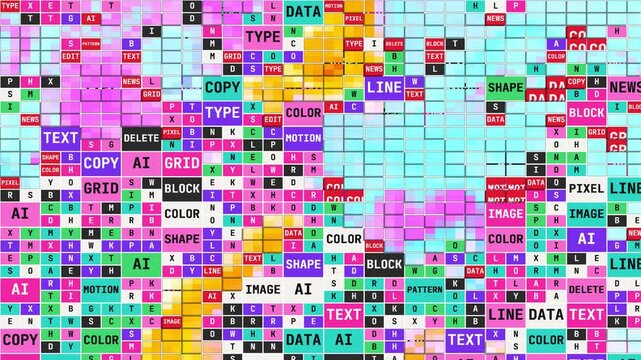 Abstract digital grid background, colorful pixel data visualization with text labels, vibrant AI technology and software development concept