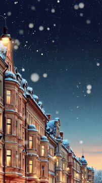 Snow falling over charming European town houses with glowing windows, cozy winter night and Christmas holiday atmosphere