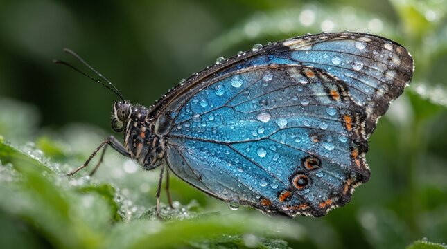 Blue morpho butterfly, wet blue wings, macro nature photography, vibrant insect on green leaf, raindrops