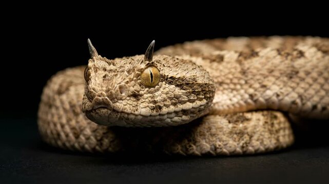 horned viper close up isolated on black background studio portrait in sahara desert morocco video