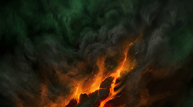 Dramatic abstract background featuring swirling dark green smoke and intense glowing orange flames creating a powerful visual impact
