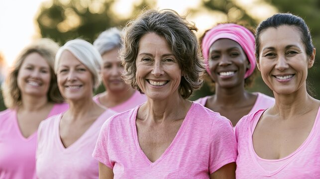 Supportive group of women smiling confidently, wearing pink shirts, symbolizing strength and hope for breast cancer awareness and community solidarity