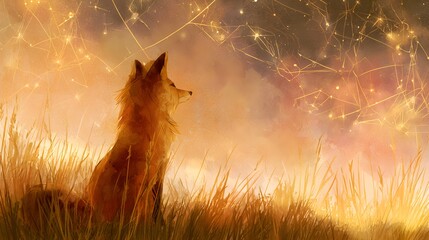 Naklejka premium Majestic Fox Sitting in Golden Grass Under a Dreamy Sunset Sky with Ethereal Constellations and Stars