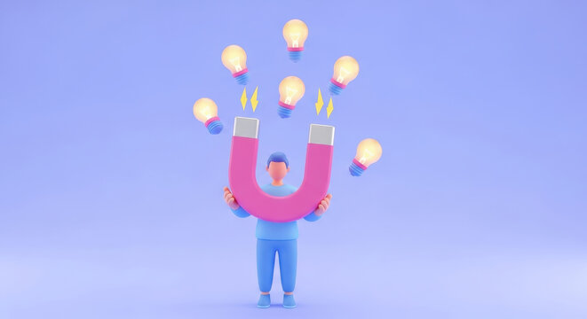 Cartoon person holding a large horseshoe magnet attracting light bulbs. ideas and imagination