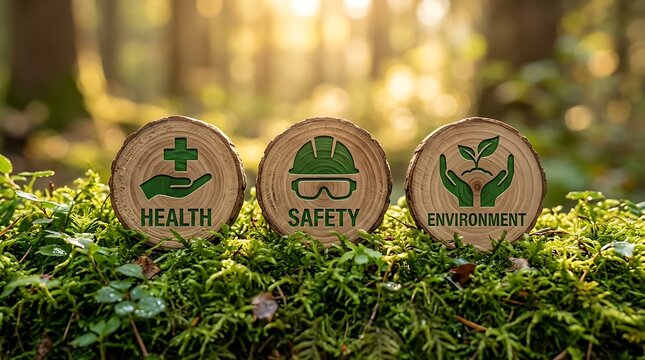 Three wooden discs with symbols for health safety and environment in green on mossy forest floor with blurred background and sunlight.