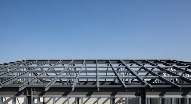 A steel roof frame structure under a clear blue sky during construction.