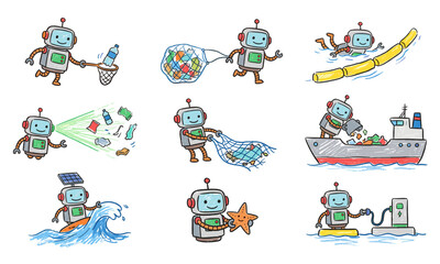 Fototapeta premium Ocean plastic cleanup and mega-trap technology robot set
