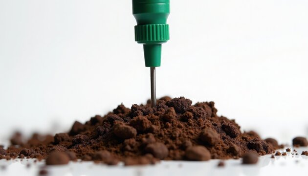 Soil injection tool delivering liquid nutrient into loose potting soil with precision tip penetrating peat and compost, controlled microdosing for seedlings and cuttings,