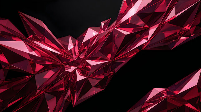 Abstract geometric background featuring a dynamic arrangement of faceted crimson shapes against a dark black backdrop