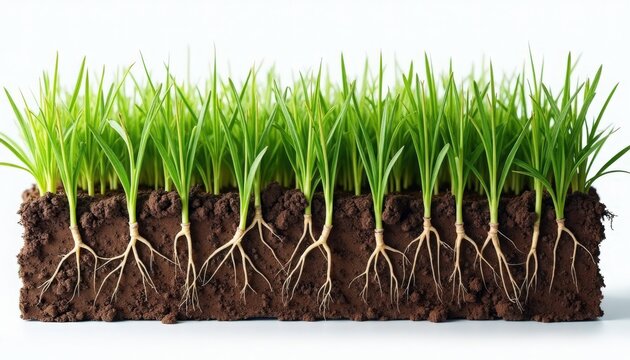 grass roots section of soil with green blades and exposed fibrous root system, grass roots shown in cross section with rich earth layers and fine roots, grass roots for gardening, landscaping,