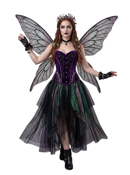 Woman in Dark Fairy Costume with Sheer Wings and Leaf Corset on Transparent Background