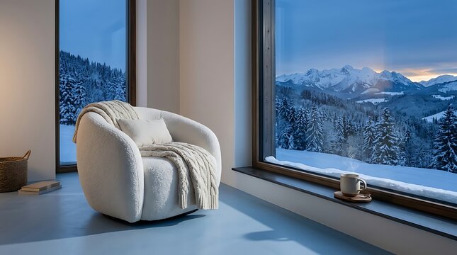 Comfortable white armchair draped with knitted blanket inside a stylish room beside a vast window displaying snow laden mountains and forested slopes a peaceful winter vista.