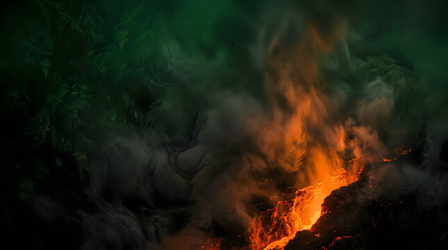 Dramatic and colorful smoke plumes with vibrant green and fiery orange hues creating an abstract and artistic background