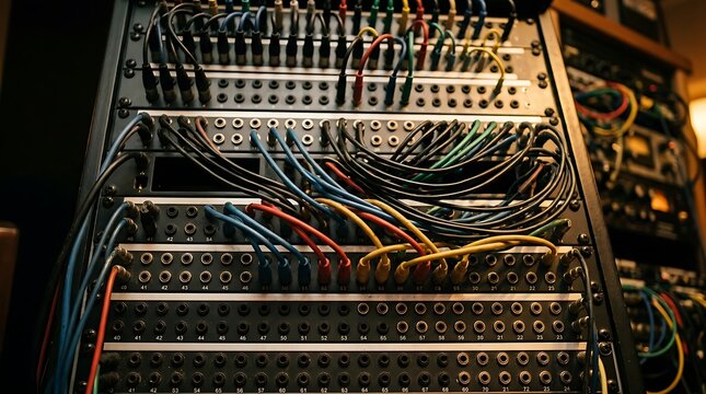 Audio patch bay system with multiple colored cables in studio