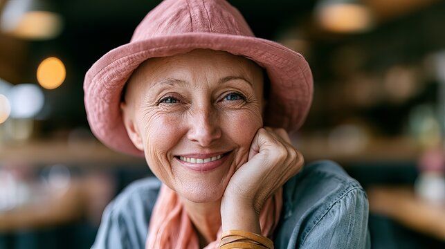 Smiling mature woman wearing a pink wide-brimmed hat and a soft scarf, captured in a cozy indoor setting, representing positive aging and stylish comfort