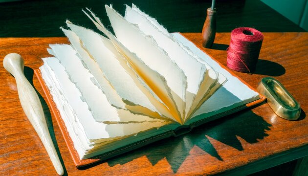 Open book on a wooden table with tools for bookbinding in soft light