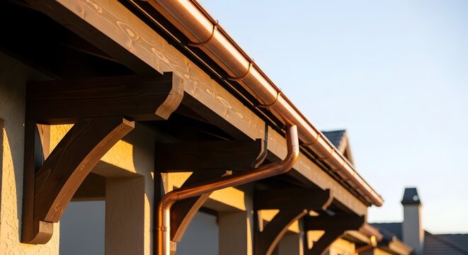 Close up view of a copper rain gutter system on a residential house roof.