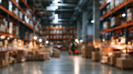Naklejka premium Blurred interior of a large industrial warehouse with high storage shelves. Professional background for logistics and supply chain marketing materials.