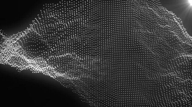 Animated abstract particle wave with flowing white dots forming dynamic digital surfaces on a dark background, isolated with alpha channel