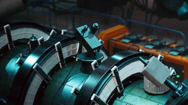 Metal parts and machinery are displayed in a workshop setting. Tools are arranged nearby. Sunlight enters from windows, highlighting the equipment.