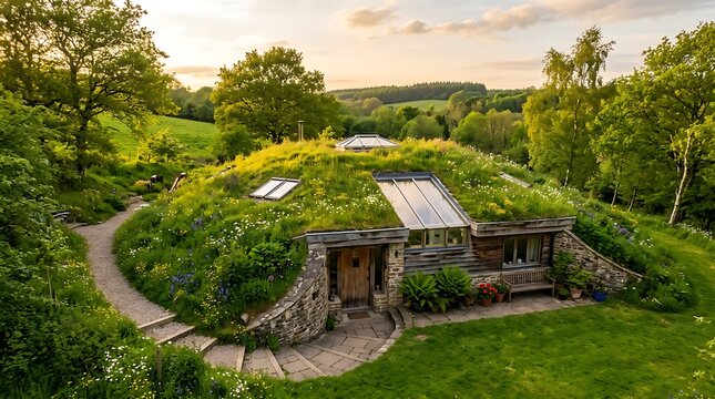 Earth sheltered home with grass roof in lush green landscape