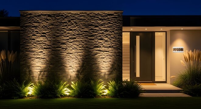 Modern luxury house exterior at night with illuminated stone wall and entrance.
