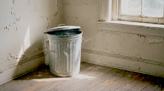 Metal garbage bin standing in the corner of an empty room