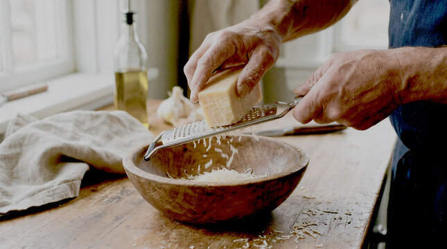 Hands grating hard cheese over a wooden bowl in a kitchen