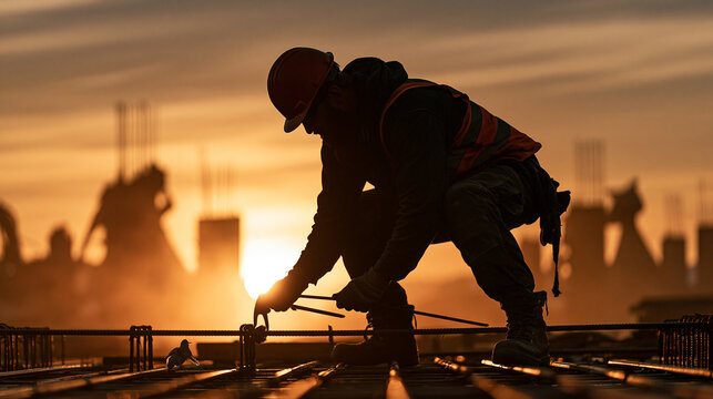 Silhouette of a construction worker tying rebar at sunset on a building site. Perfect for industrial engineering and labor concepts.
