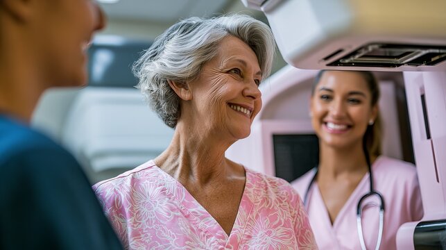 Mature woman receives mammogram screening with assistance from healthcare professional, portraying preventative women's health and wellness concept