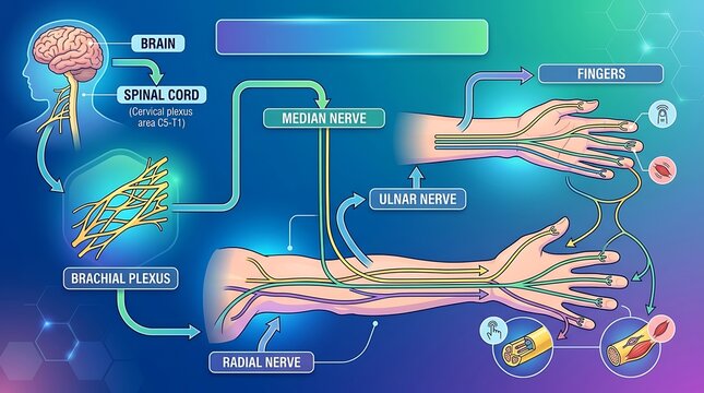 Human arm nervous system diagram with brain and nerve pathways