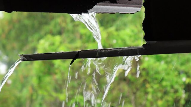 Water is flowing from the roof of the house. The rain falling on a roof.