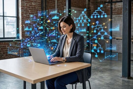 Professional woman upskilling with an AI visual skill tree and coding analytics in a modern loft office.