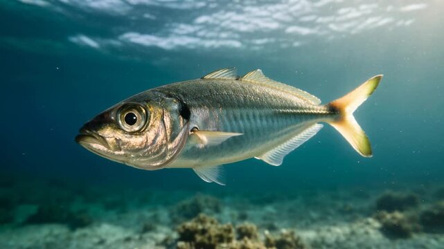 horse mackerel underwater close up at morning light in mediterranean sea video