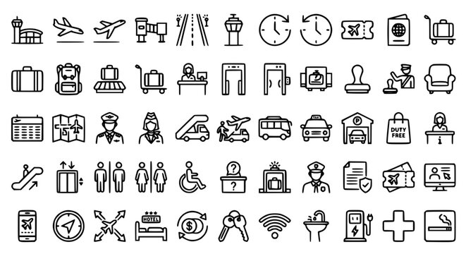 Airport and travel vector icon set featuring airplanes luggage terminal security passport control customs transportation and flight navigation symbols for website graphic design