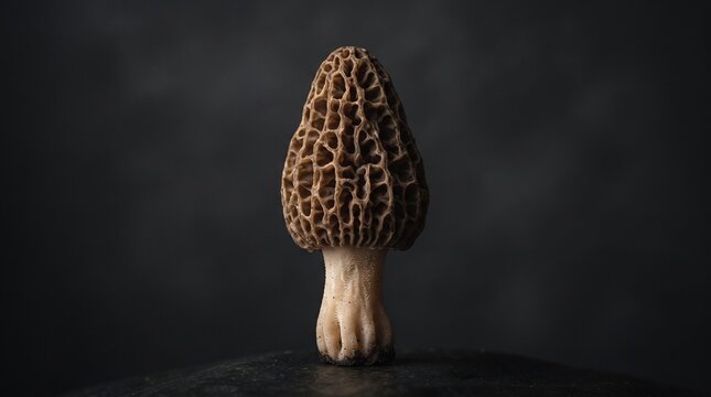 Morel mushroom on dark background, edible wild fungi with honeycomb texture, gourmet culinary ingredient for fine dining