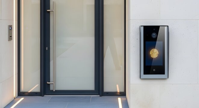 Modern smart video doorbell mounted on the white wall next to a glass front door.
