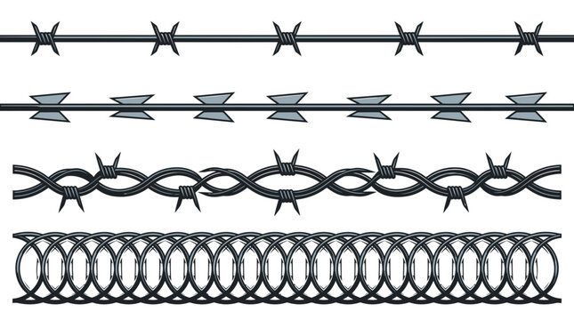 Sharp metallic barbed wire sets featuring distinct serrated edges and twisted steel wire coil designs