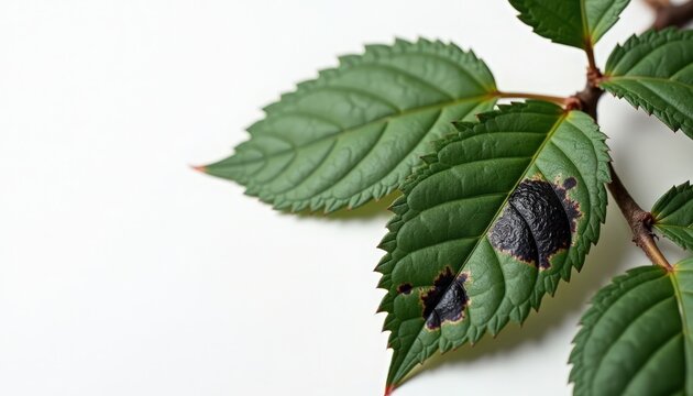 Leaf damage on green serrated leaves with dark necrotic spots and insect holes photographed on white background, leaf damage visible along veins and margins in closeup,