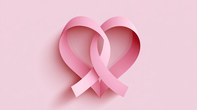 Delicate pink ribbon shaped into a heart symbol, representing breast cancer awareness and support for women's health, concept for campaigns and fundraising