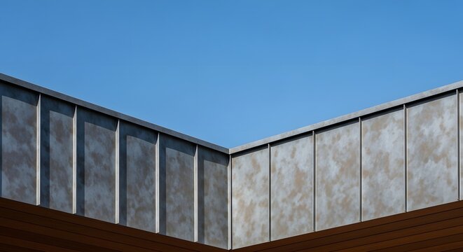 Minimalist architectural detail of a modern building facade against a clear blue sky.