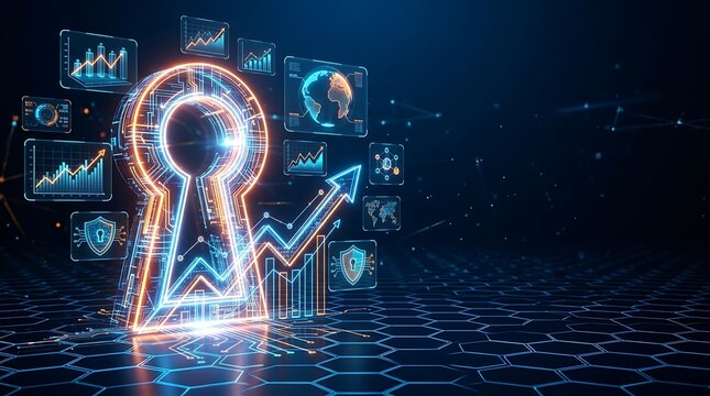 Digital security lock with glowing futuristic neon charts rising arrows and hologram data displays on tech grid symbolizes cyber protection business growth and financial analysis.