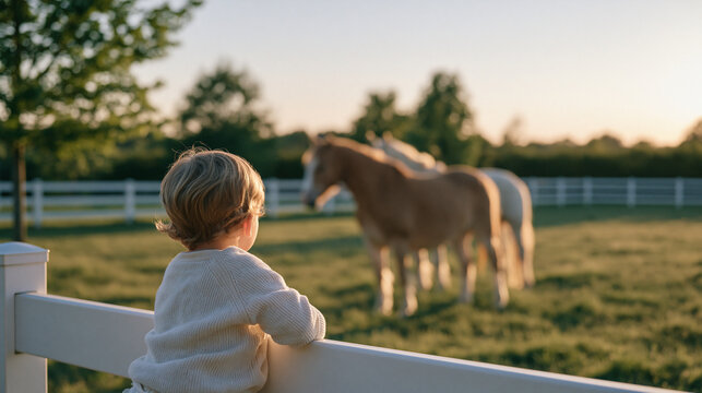 a child sits on a fence rail watching an equine therapy session in a sunlit meadow from a low perspective, a portion size visual guide card tucked into the therapy coordinator's