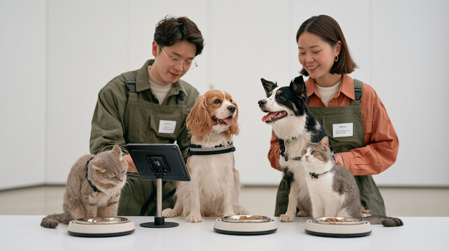 Pet sitter managing three dogs and two cats in a minimalist white studio space, diverse team of caretakers tracking animal wellness logs, feeding stations arranged neatly, tablet