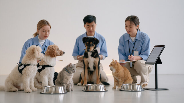 Pet sitter managing three dogs and two cats in a minimalist white studio space, diverse team of caretakers tracking animal wellness logs, feeding stations arranged neatly, tablet