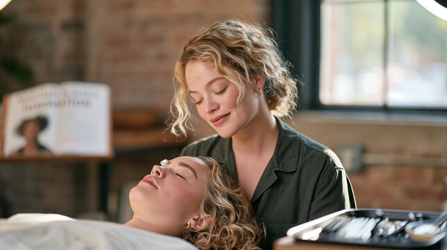 A brow technician working on a client in an industrial repurposed loft studio, solitary atmosphere, materials science innovation journal open on a nearby shelf, ring light casting