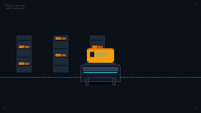Pixel art graphic showing a server data center processing files for digital storage and cloud network concepts